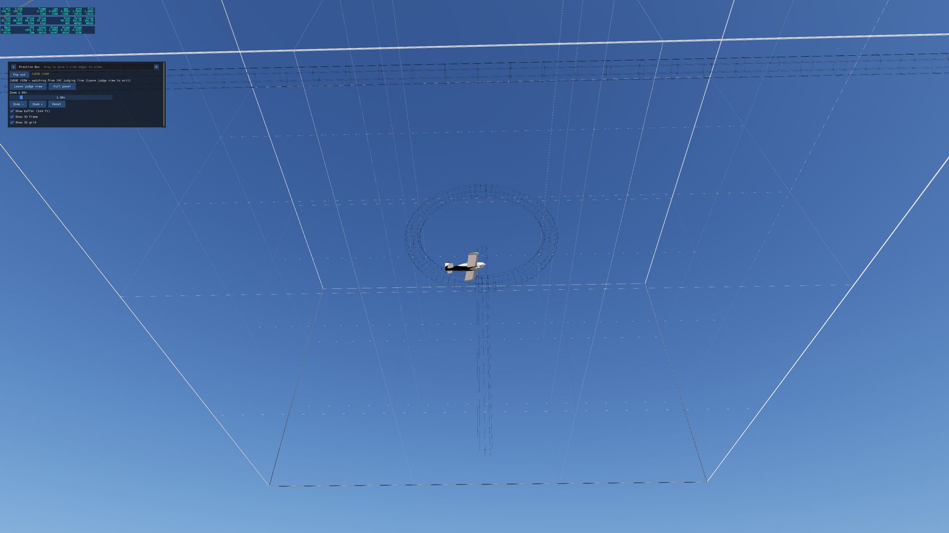 Judge's-eye view from the judging line: an RV-7 inside a white wireframe aerobatic box against a clear blue sky, with a loop ring around the airplane.