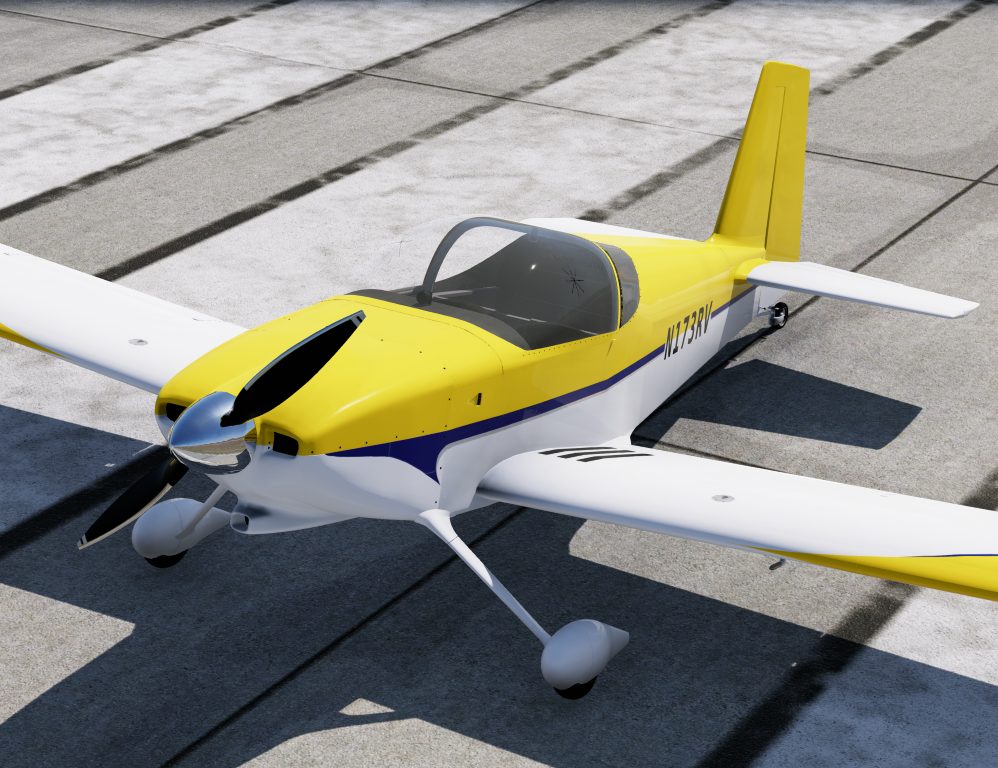 A yellow and white RV-7 on the ramp, seen from the front quarter.